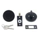 Matte black deadbolt lockset hardware including exterior cylinder, interior thumbturn, latch bolt, strike plate, and two keys