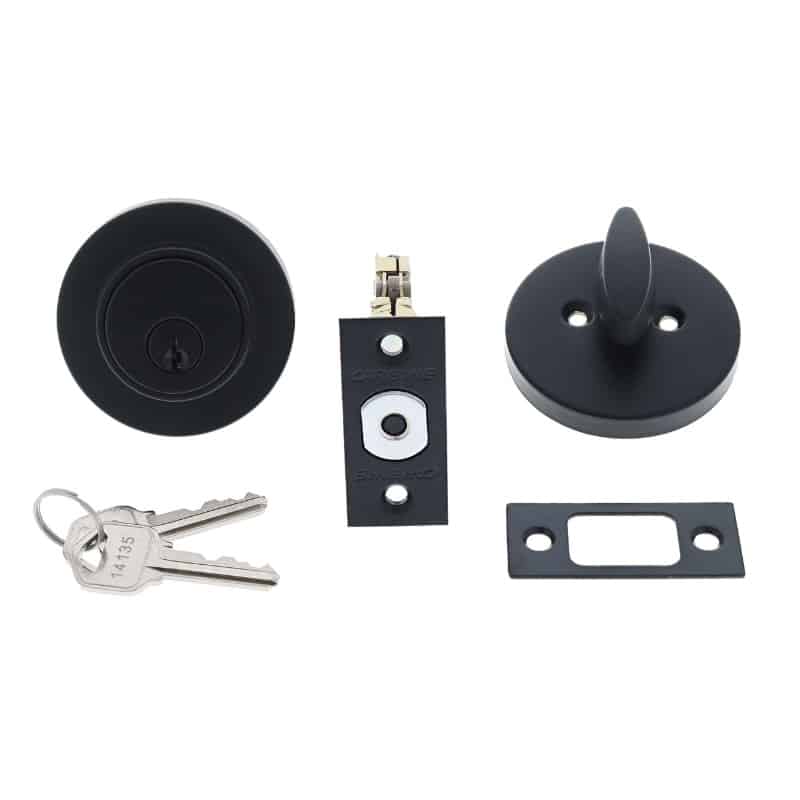 Matte black deadbolt lockset hardware including exterior cylinder, interior thumbturn, latch bolt, strike plate, and two keys